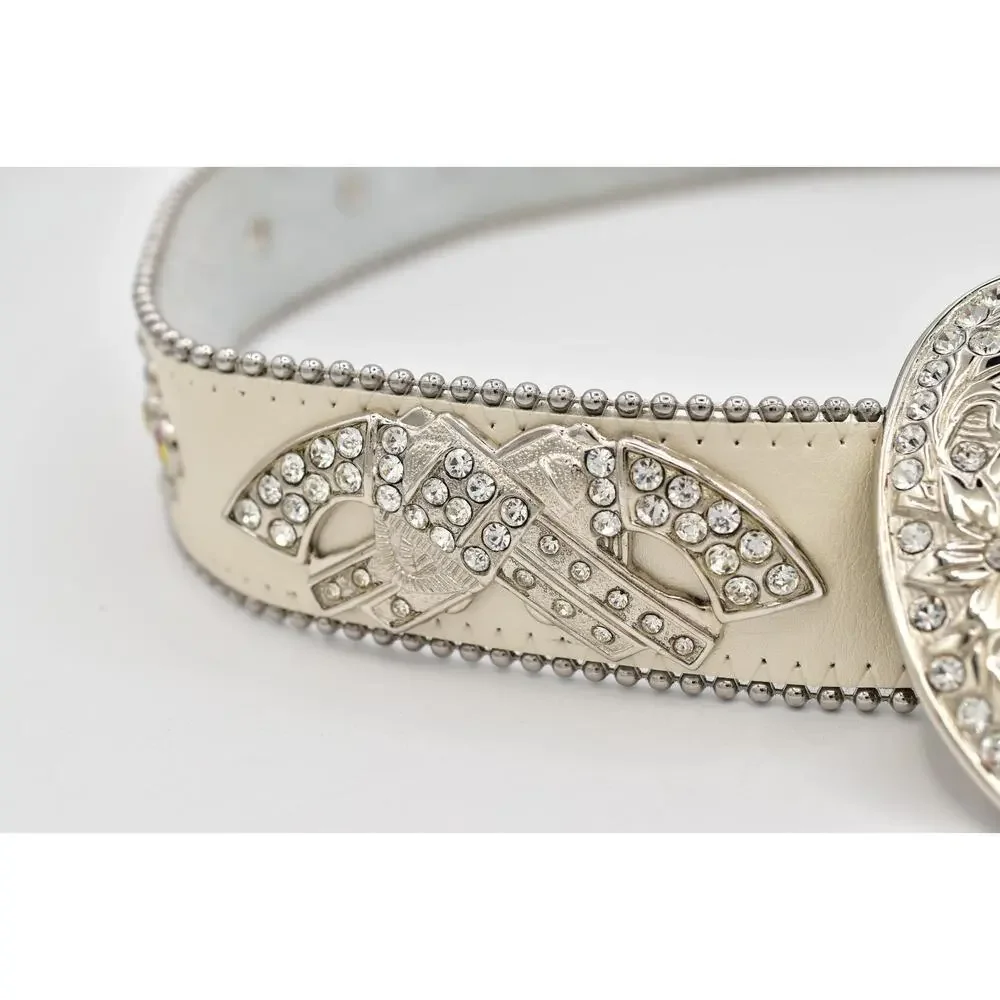 Cream Genuine Leather Rhinestone Western Belt M/L Silver Studded Crystal Y2K